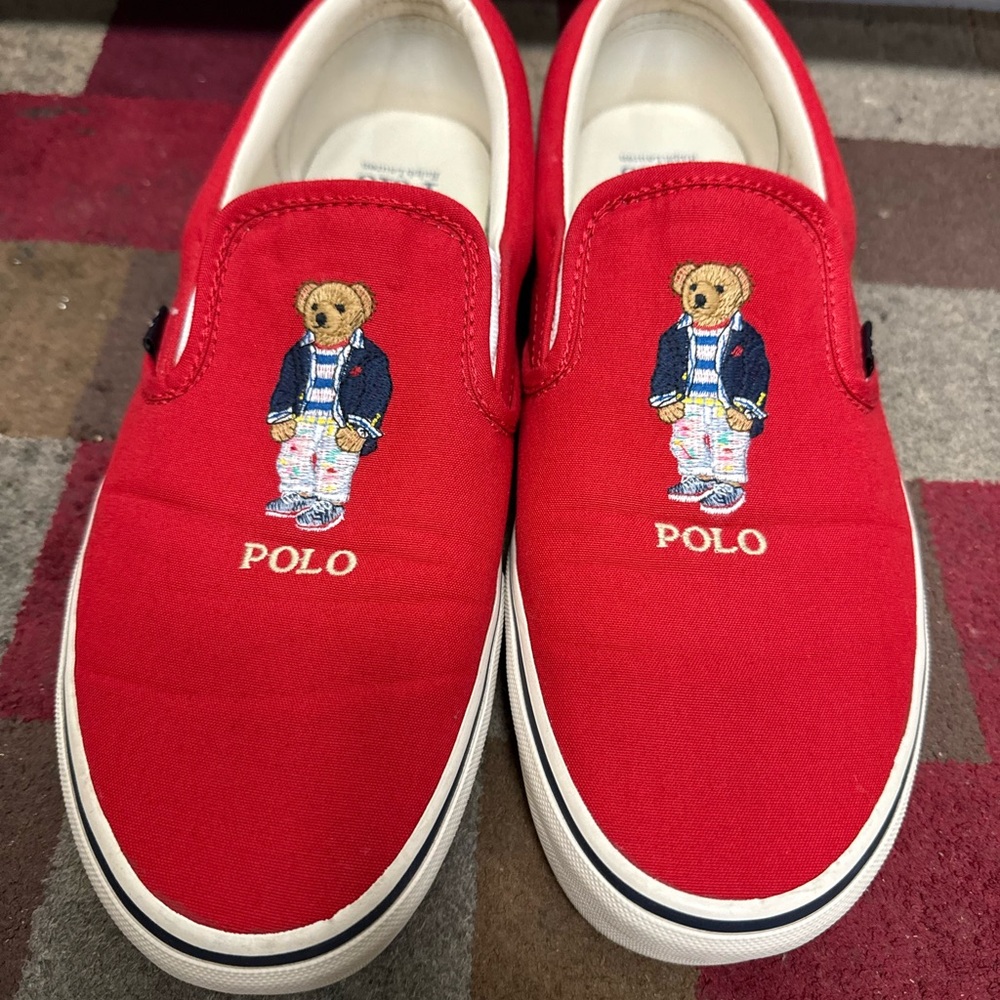 Polo Men’s Textile Red Slip-On Cotton Sneakers with Bear Embroidery